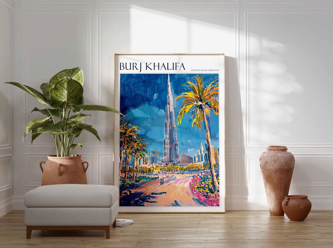 Burj Khalifa Dubai Palm Promenade Flower Gardens Painting Poster - Image 2
