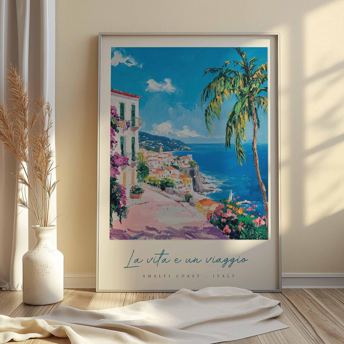 Amalfi Coast White Houses Pink Street Bougainvillea Travel Poster - Image 2