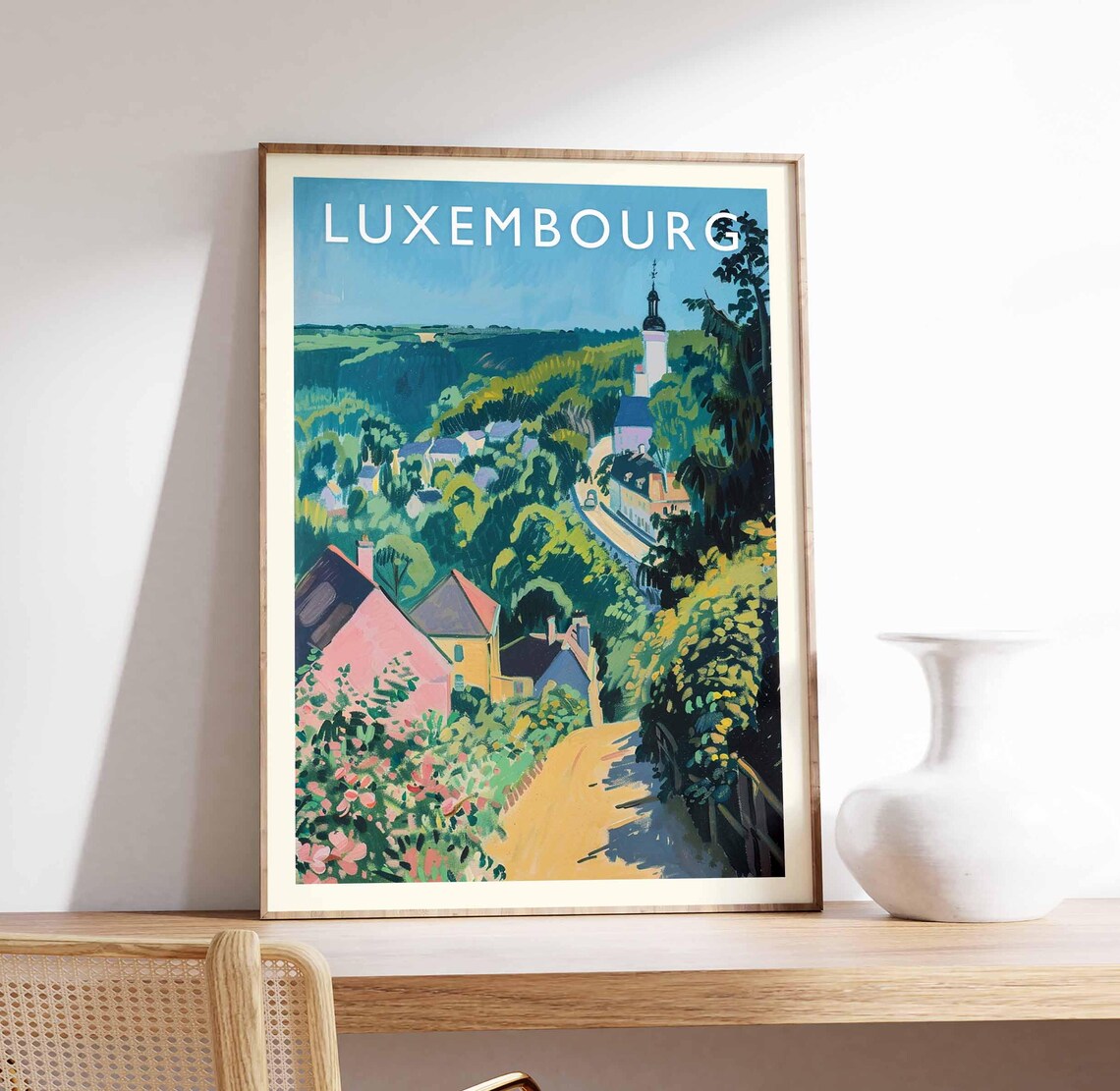 Luxembourg Vintage Travel Poster of a Riverside Village Scene