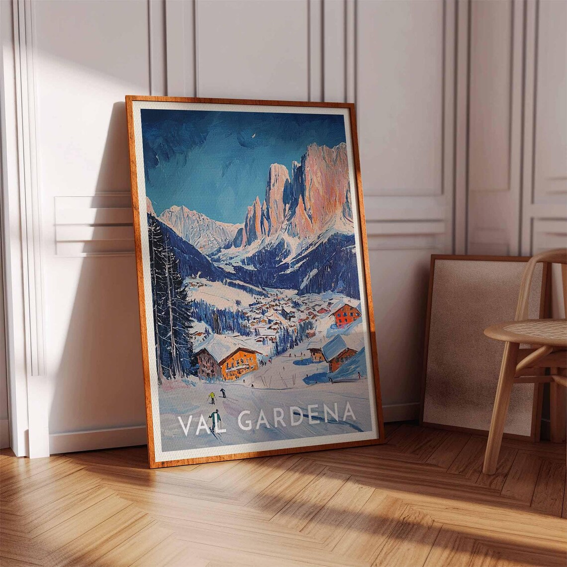 Val Gardena Italy Sunset Dolomite Peaks Village Skiers Art Poster - Image 3