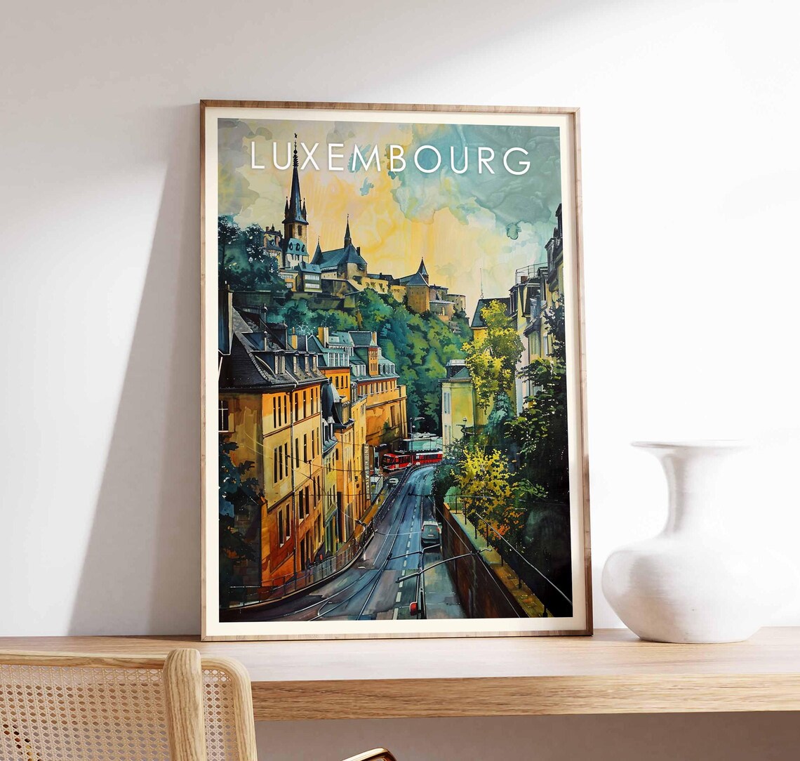 Luxembourg Watercolor Cathedral Hill Evening Tram Street Poster