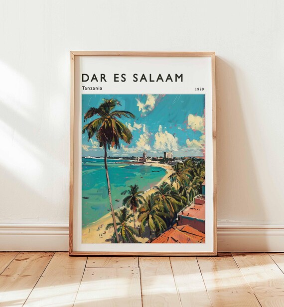 Dar Es Salaam Tanzania 1989 Beach Palms Sand Shore Travel Poster