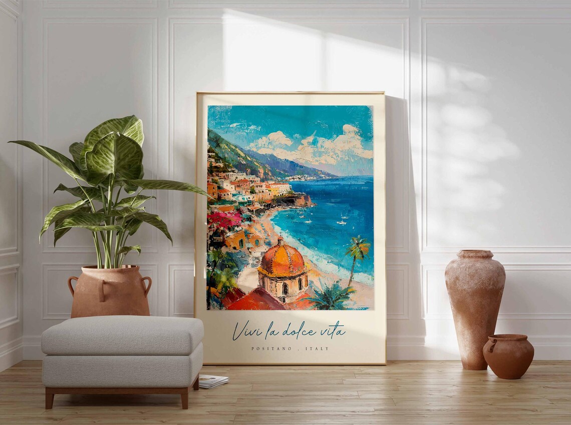 Positano Italy Domed Church Cove Turquoise Sea Palm View Travel Poster - Image 3