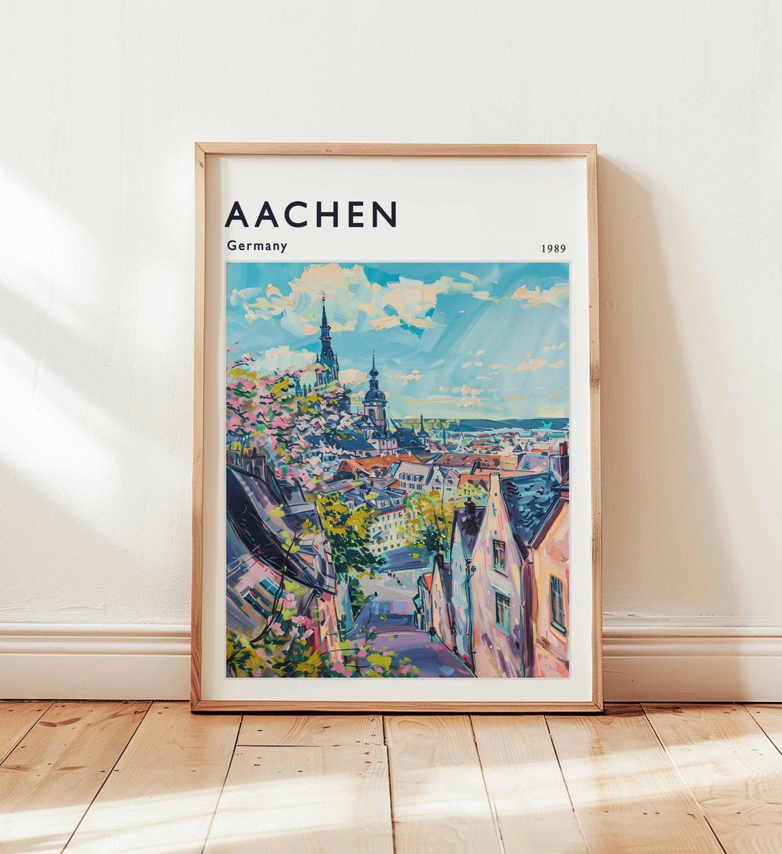 Scenic Aachen Germany 1989 Cathedral View Vintage Travel Print