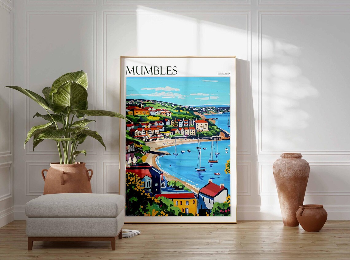 Mumbles Colorful Coastal Bay Sailboats England Travel Poster - Image 3
