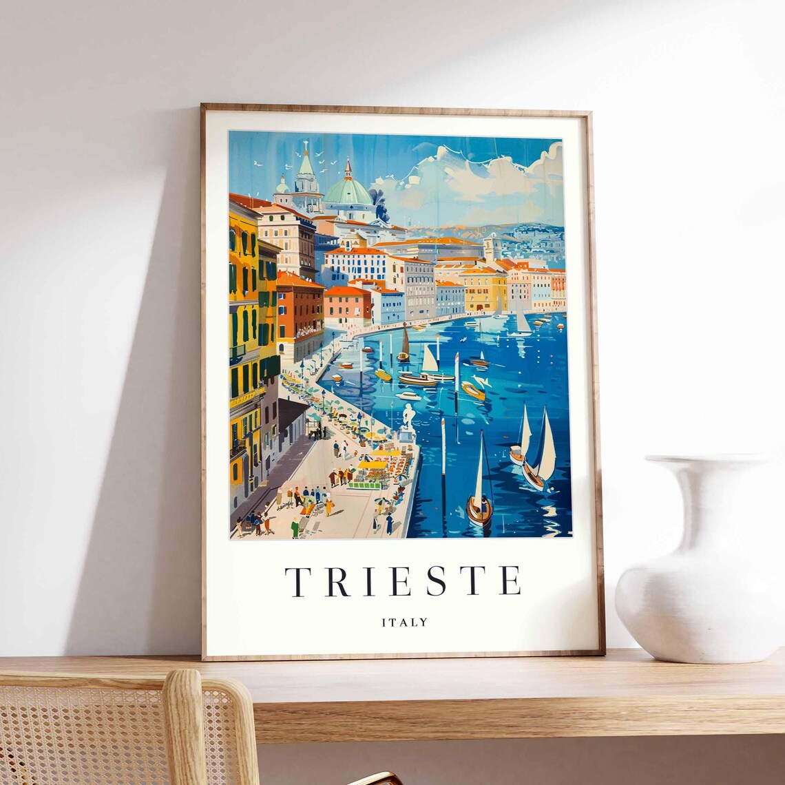 Trieste Italy Grand Harbor with Sailboats Watercolor Travel Poster