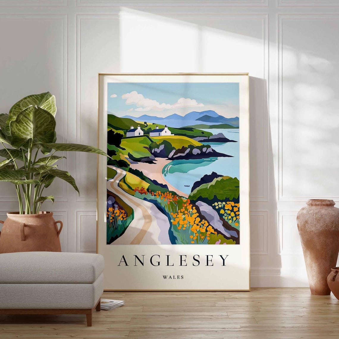 Anglesey Wales Coastal Road Cottages Wildflower Cliffs Art Poster