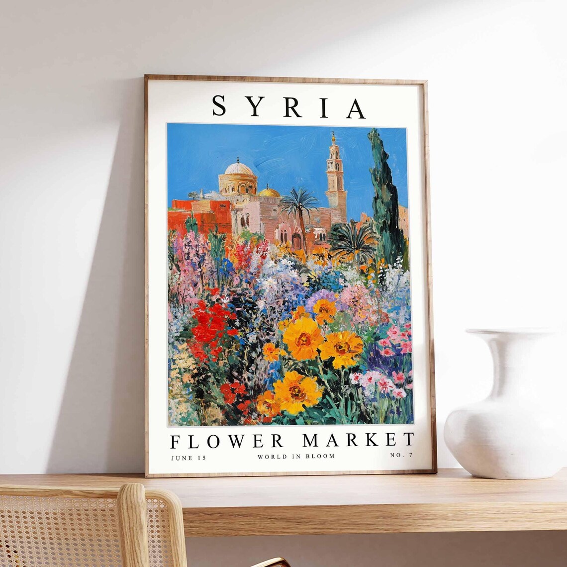 Syria Grand Mosque Minaret Flower Field Bright Blossom Art Poster