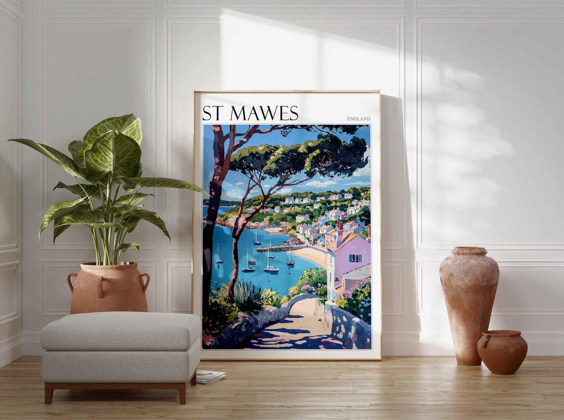 St Mawes England Pine Framed Bay Sailboats and Beachside Town Poster - Image 2