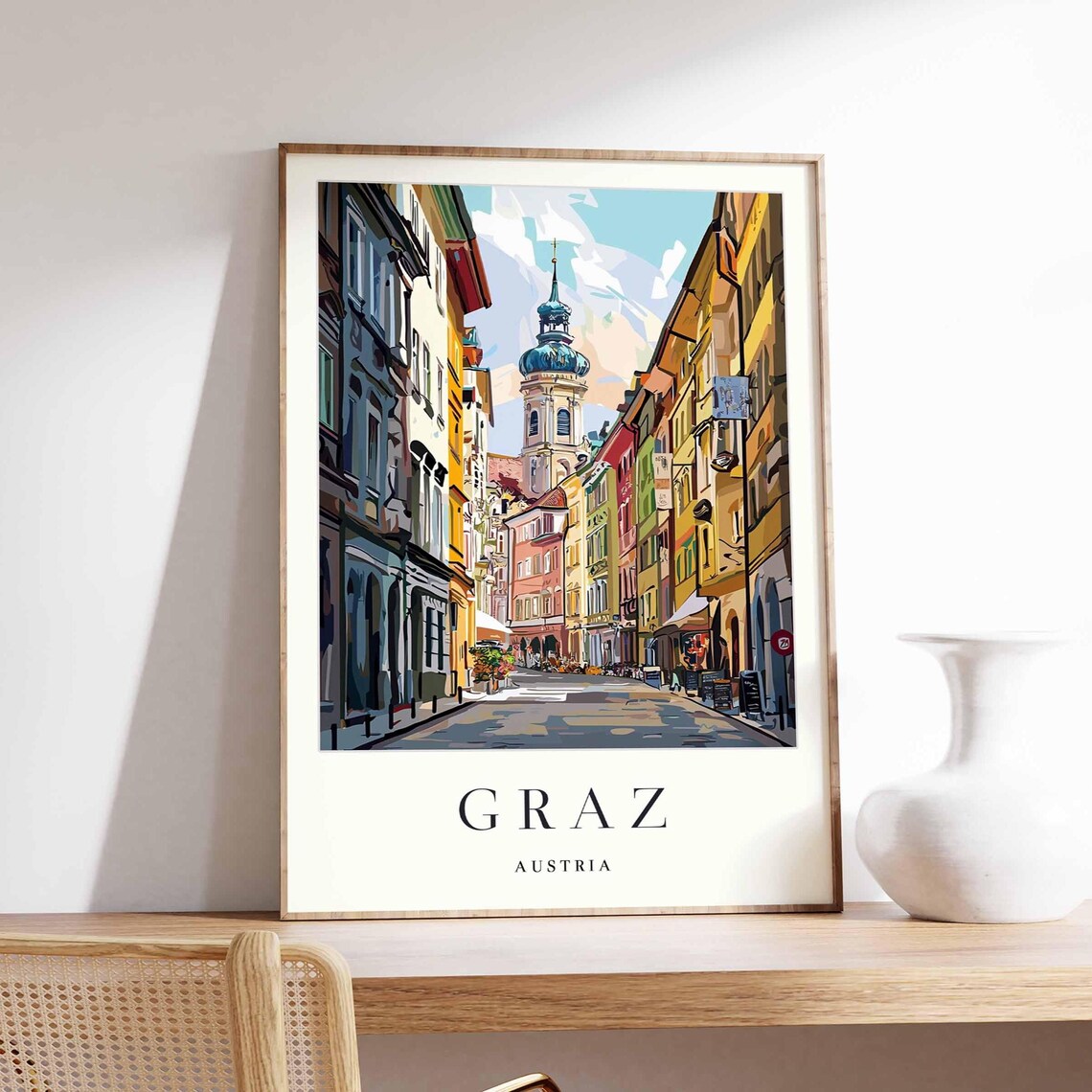 Graz Austria Historic Old Town Street Tower Colorful Art Poster
