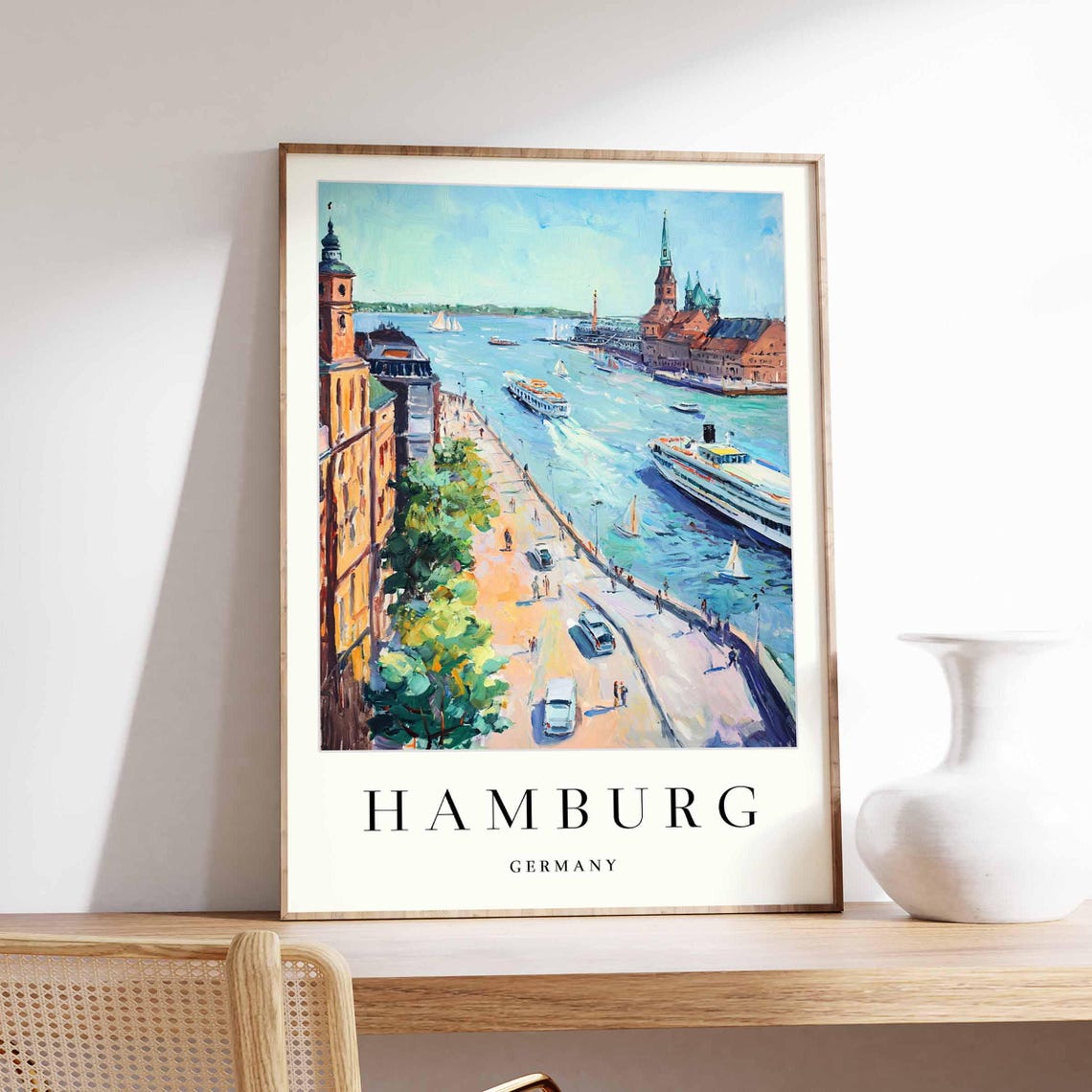 Hamburg Germany Waterfront Promenade Ships Painted Travel Poster