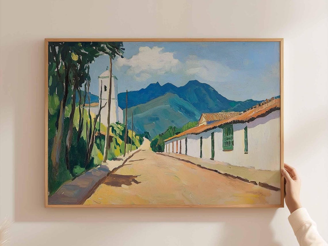 Whitewashed Village Road Church Mountain Dirt Path Painting Poster
