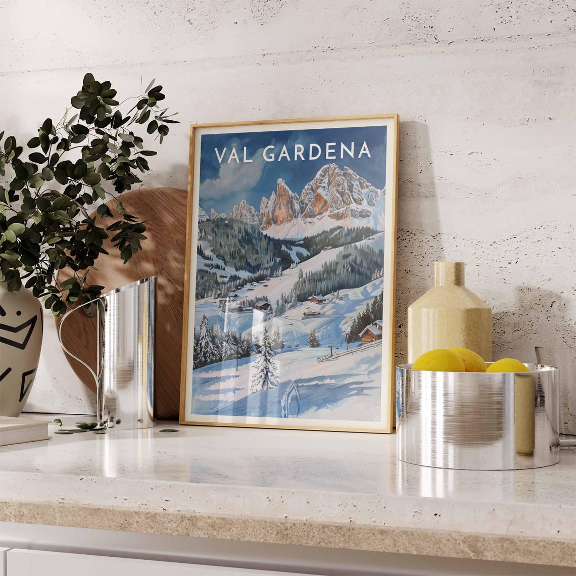 Val Gardena Italy Rugged Dolomite Peaks Village Blue Sky Poster - Image 2