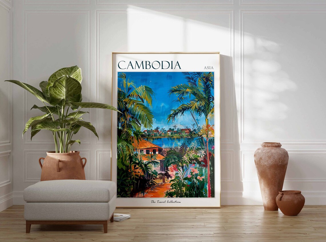 Cambodia Asia Tropical Palm Lagoon Painted Travel Collection Poster - Image 2