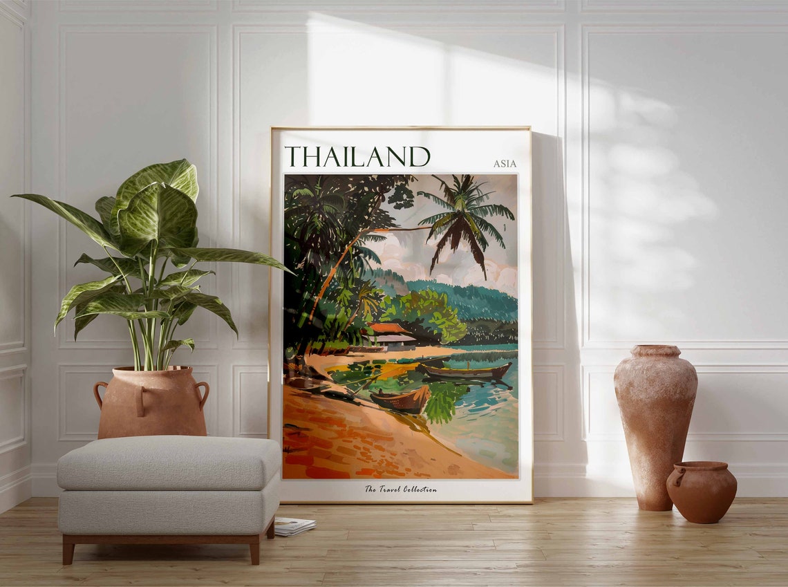 Thailand Asia Sandy Beach Longtail Boats Leaning Palms Poster - Image 2
