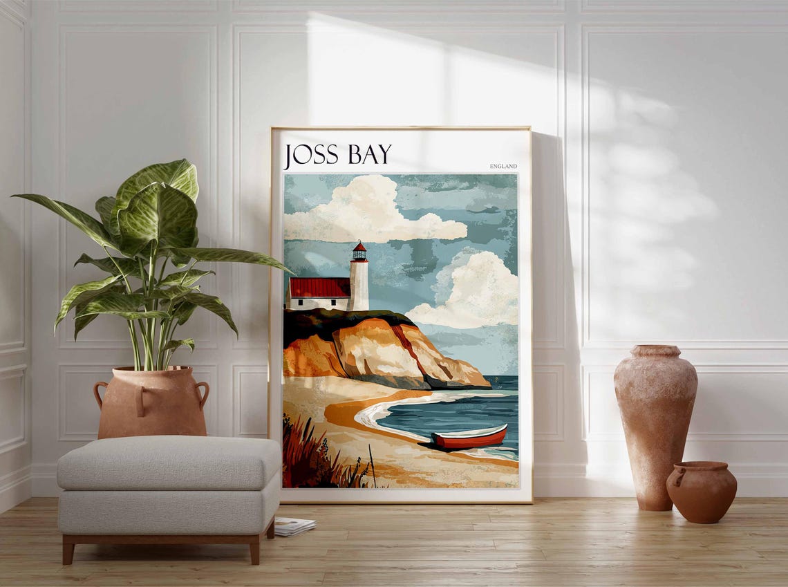 Joss Bay England Lighthouse Rocky Cliff Red Rowboat Beach Poster - Image 3