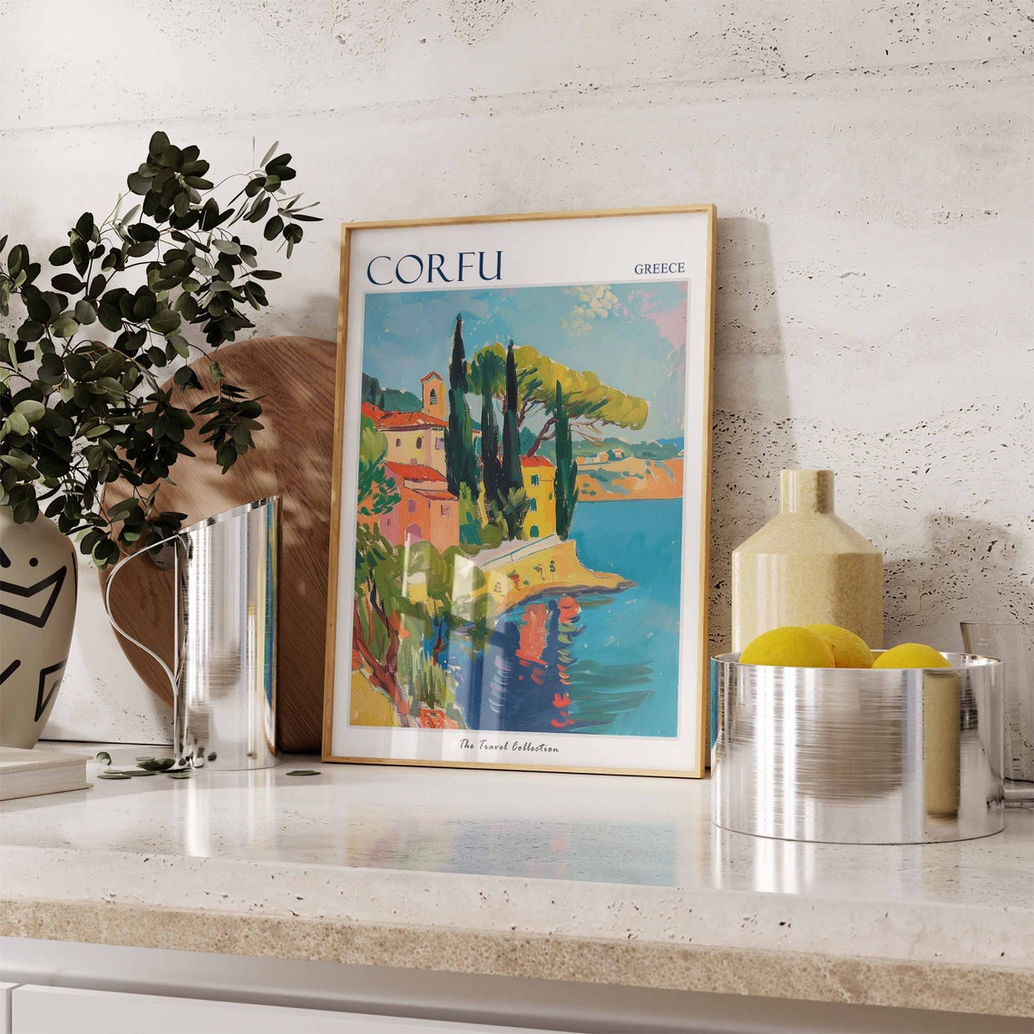 Corfu Greece Seaside Village Cypress Trees Mediterranean Travel Poster - Image 2