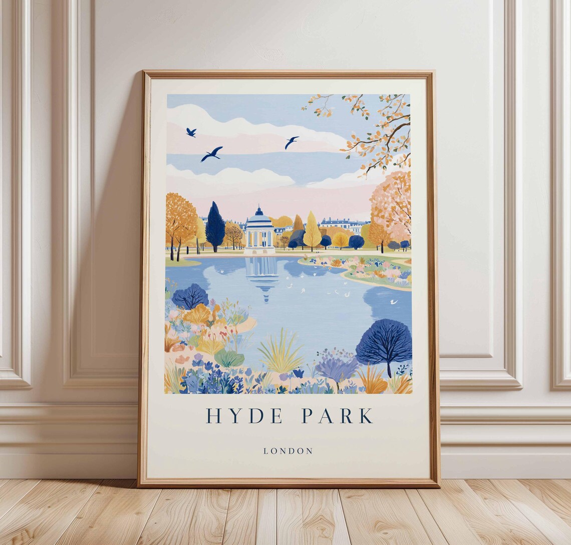 Hyde Park London Lake Pavilion Autumn Floral Scenic Travel Poster