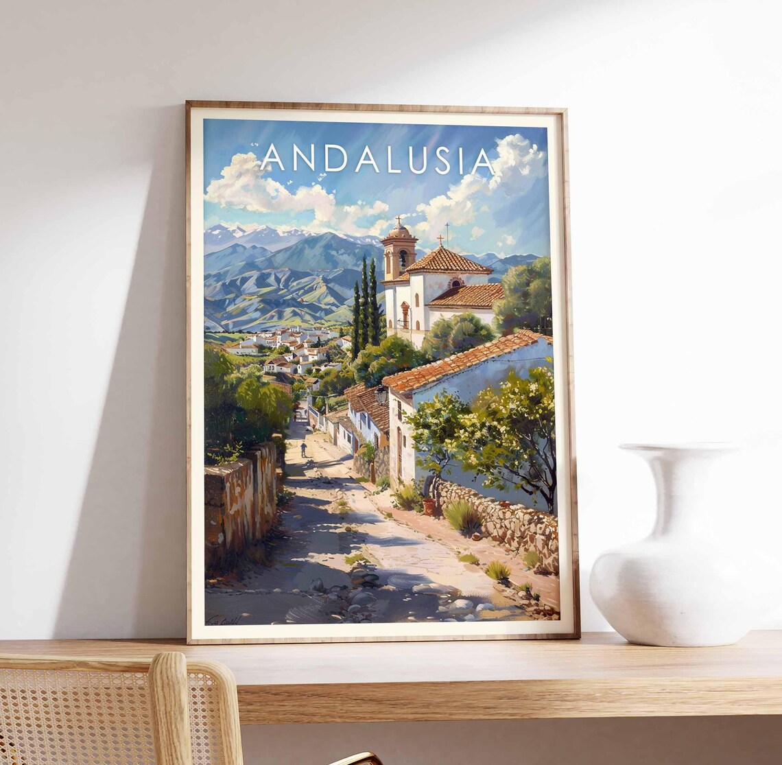 Andalusia Spain Village Church Street Mountain View Scene Poster