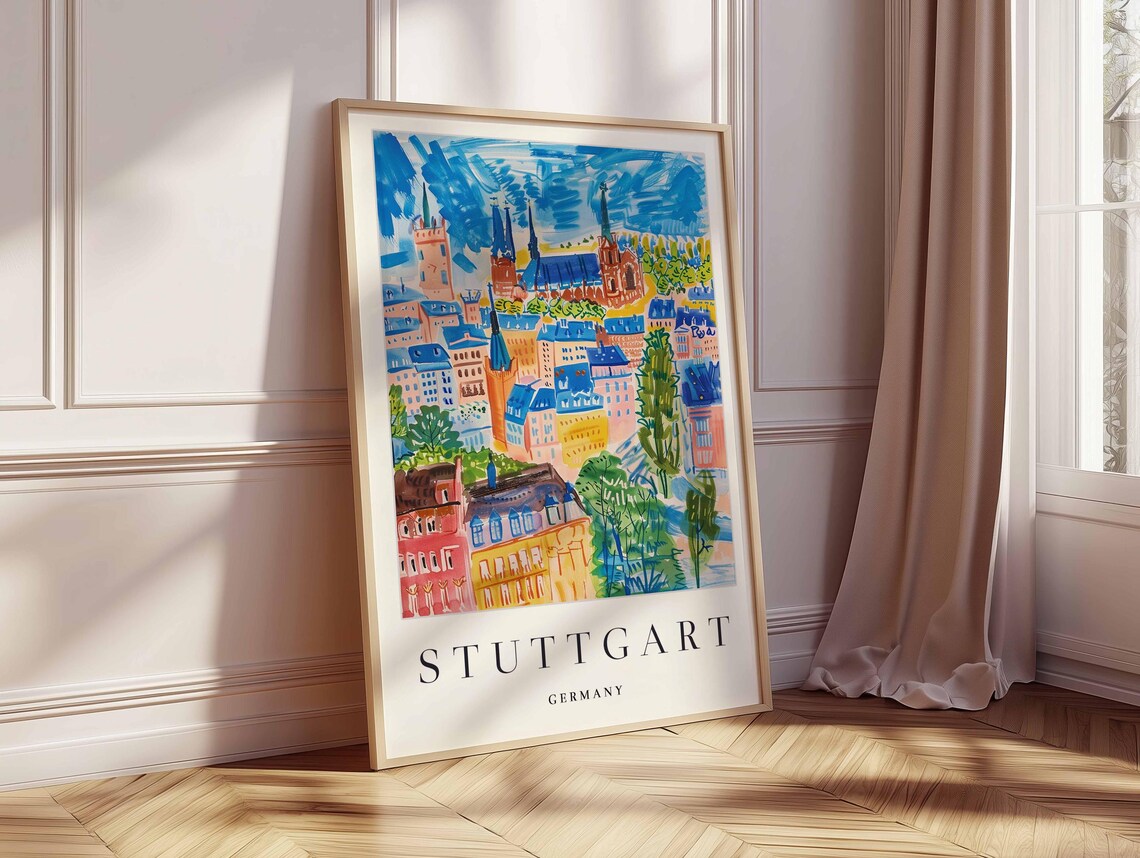 Stuttgart Germany Watercolor Old Town with Church Spires Art Poster - Image 2