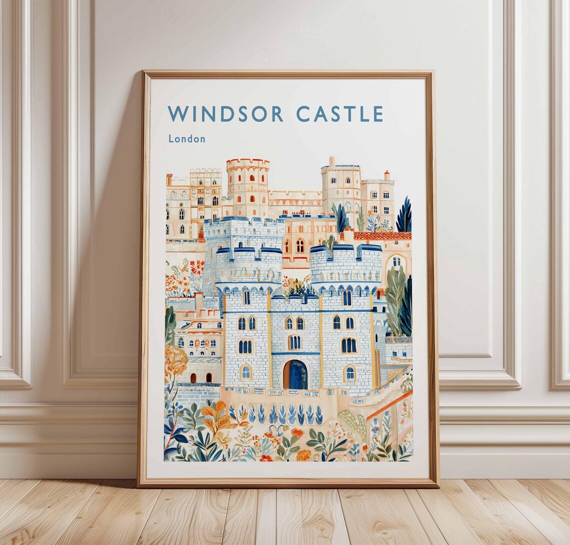 Windsor Castle London Towers Courtyard Detail Vintage Travel Poster