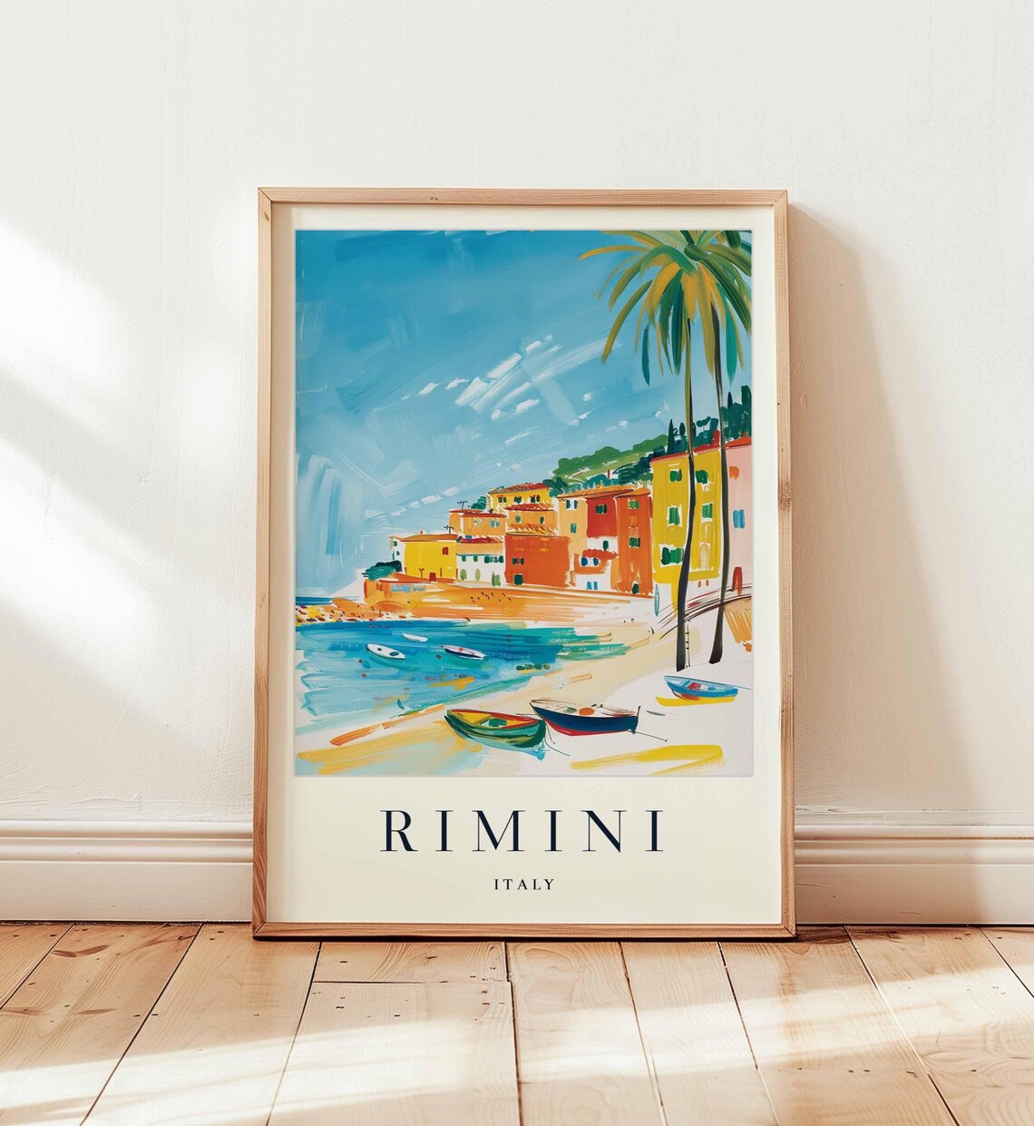 Rimini Italy Harbor Boats Travel Poster With Palm Trees Adriatic Beach