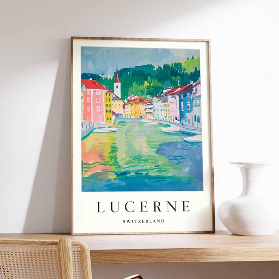 Lucerne Switzerland River Reflections Colorful Old Town Travel Poster