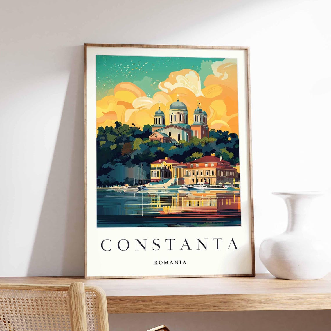 Constanta Romania Cathedral Domes Sunset Waterfront Travel Poster