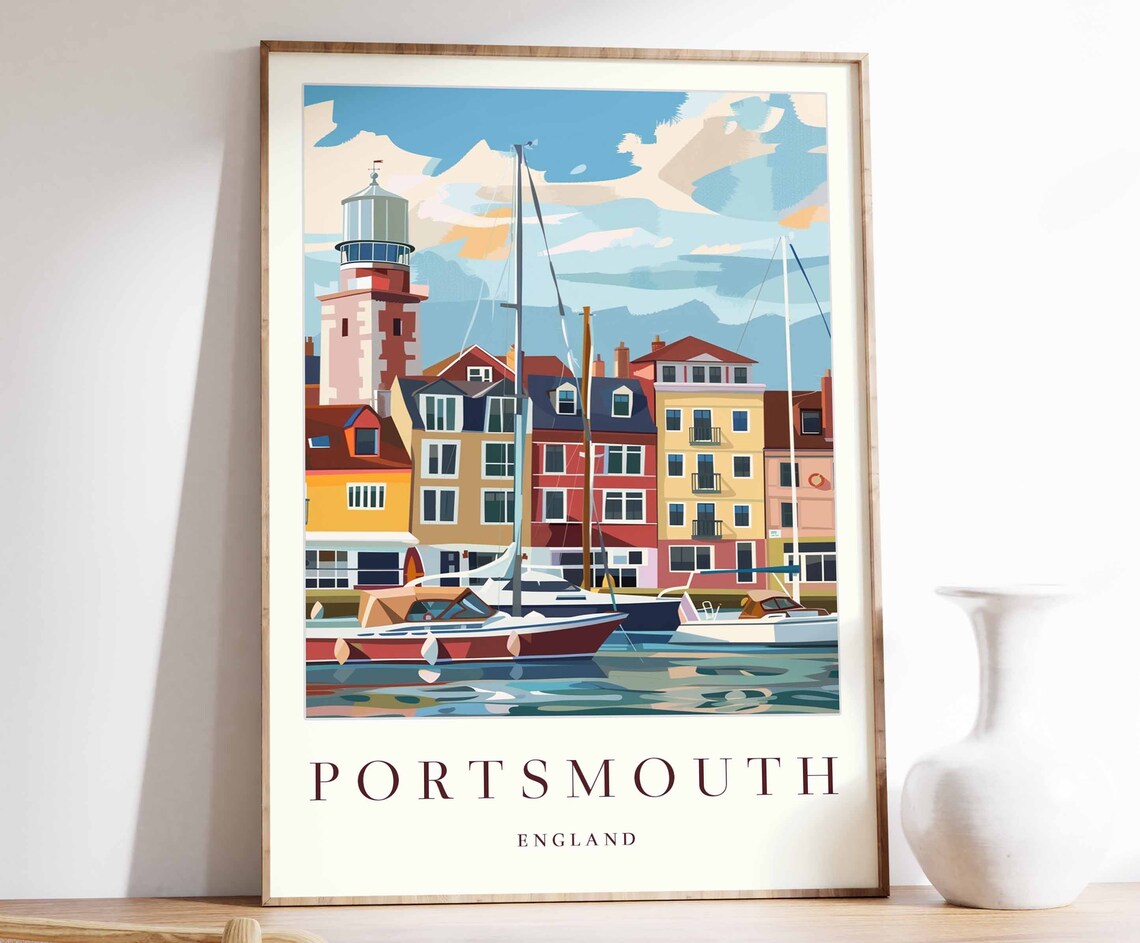 Portsmouth England Lighthouse Colorful Buildings Travel Poster