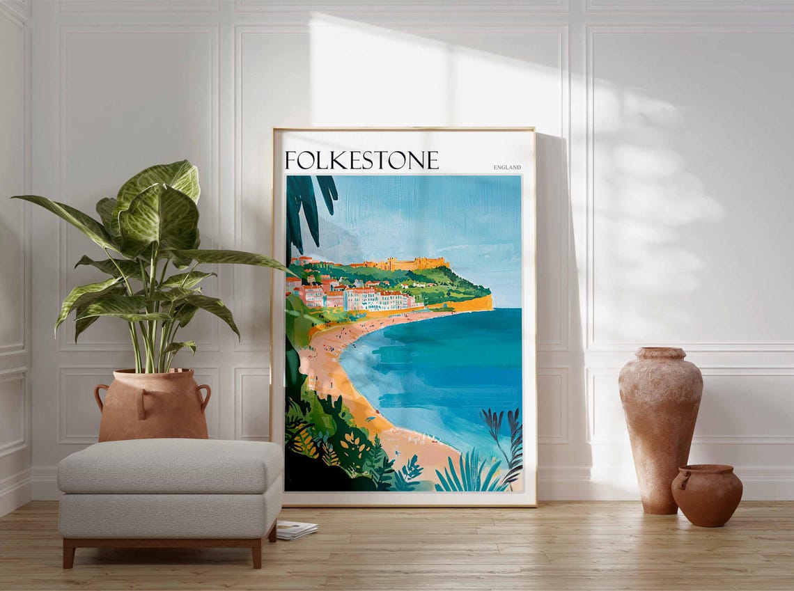 Folkestone England Curved Bay Cliff Top Castle Beach Travel Poster - Image 3