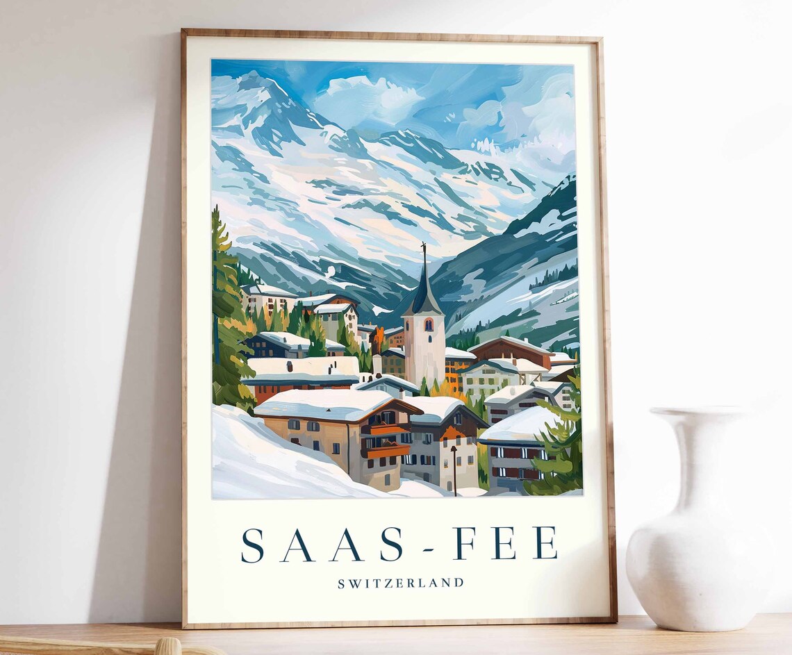 Saas Fee Switzerland Church Spire Snowy Village Alpine Mountain Poster