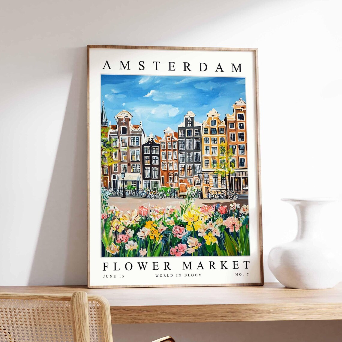 Amsterdam Flower Market Tulip Rose Garden Canal Bikes Houses Poster
