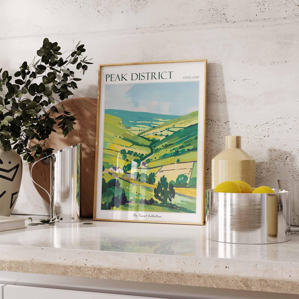 Peak District Patchwork Hills Village Cottages Travel Poster - Image 3