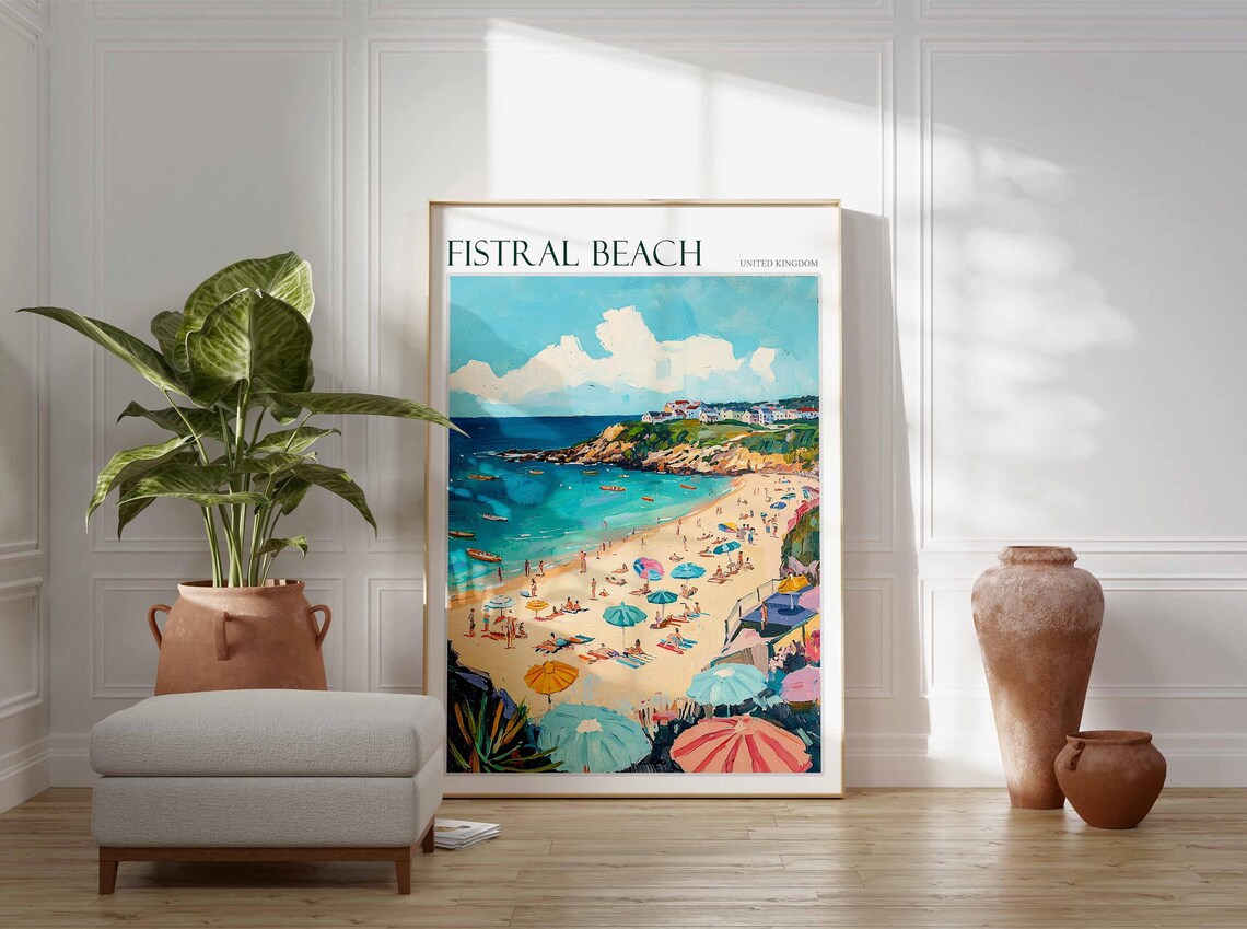 Fistral Beach United Kingdom Beach Umbrellas Cliff Art Poster - Image 3