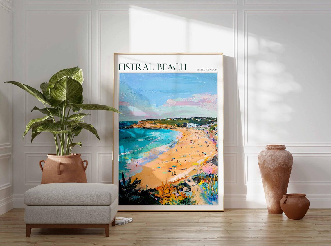Fistral Beach United Kingdom Busy Shoreline Cliffs Surf Poster - Image 3