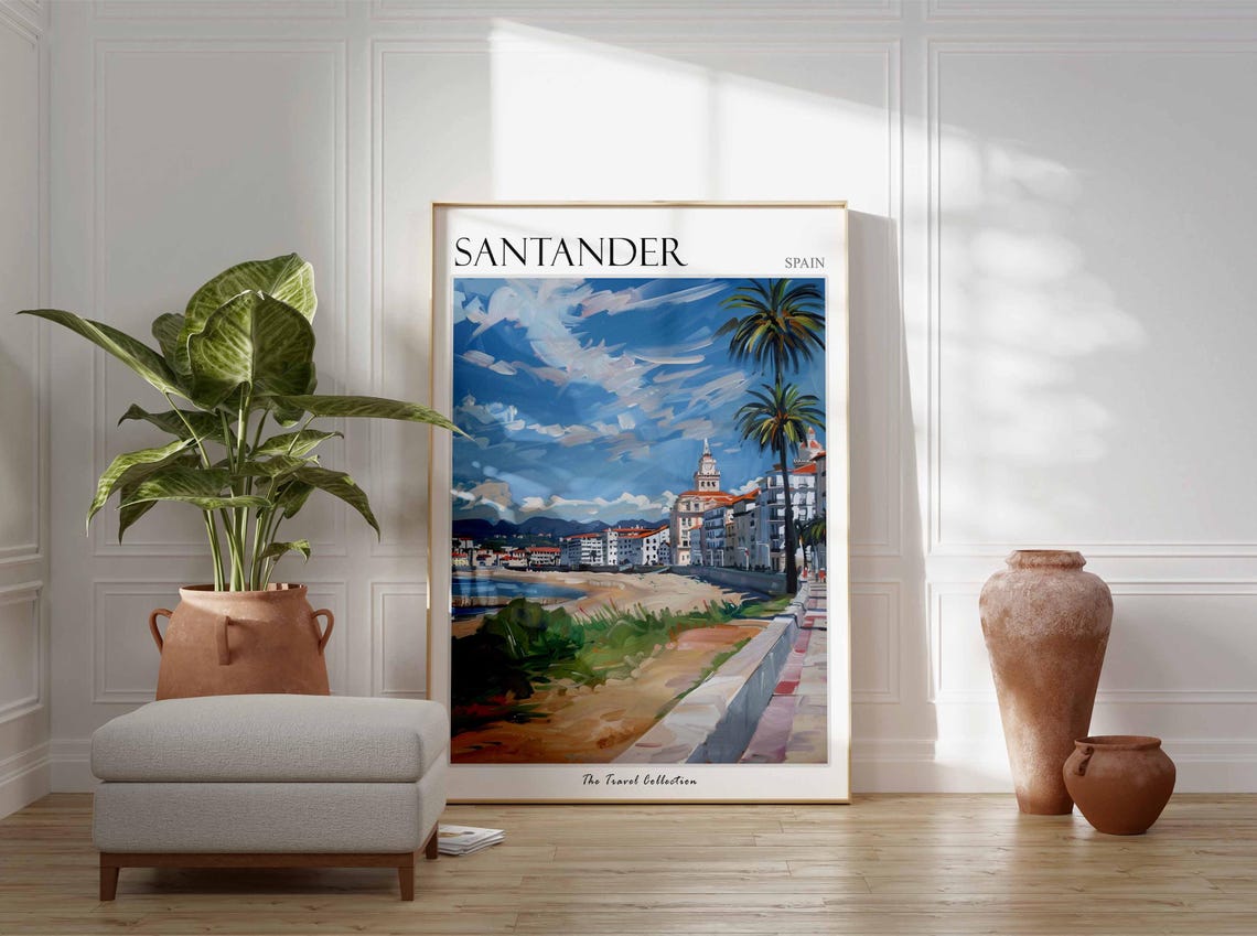 Santander Spain Beach Promenade Palms Bay View Painting Poster - Image 2