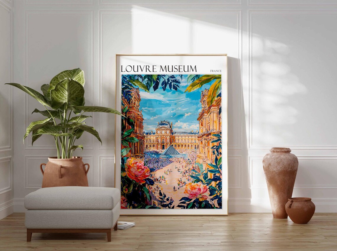 Louvre Museum Courtyard Rose Bloom Vibrant Painting France Poster - Image 3