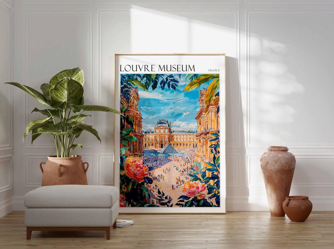 Louvre Museum Poster Louvre Museum Travel Print France Travel Poster Tropical Decor Travel Gift Floral Print Coastal Decor - Image 3