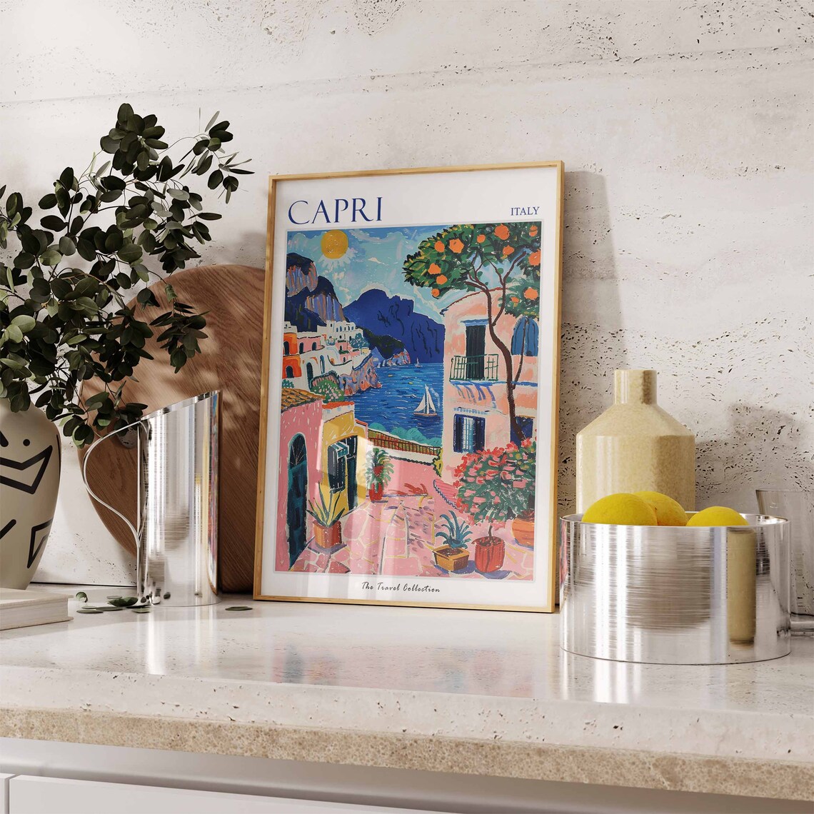 Capri Italy Colorful Village Street Scene Painted Sun Travel Poster - Image 2