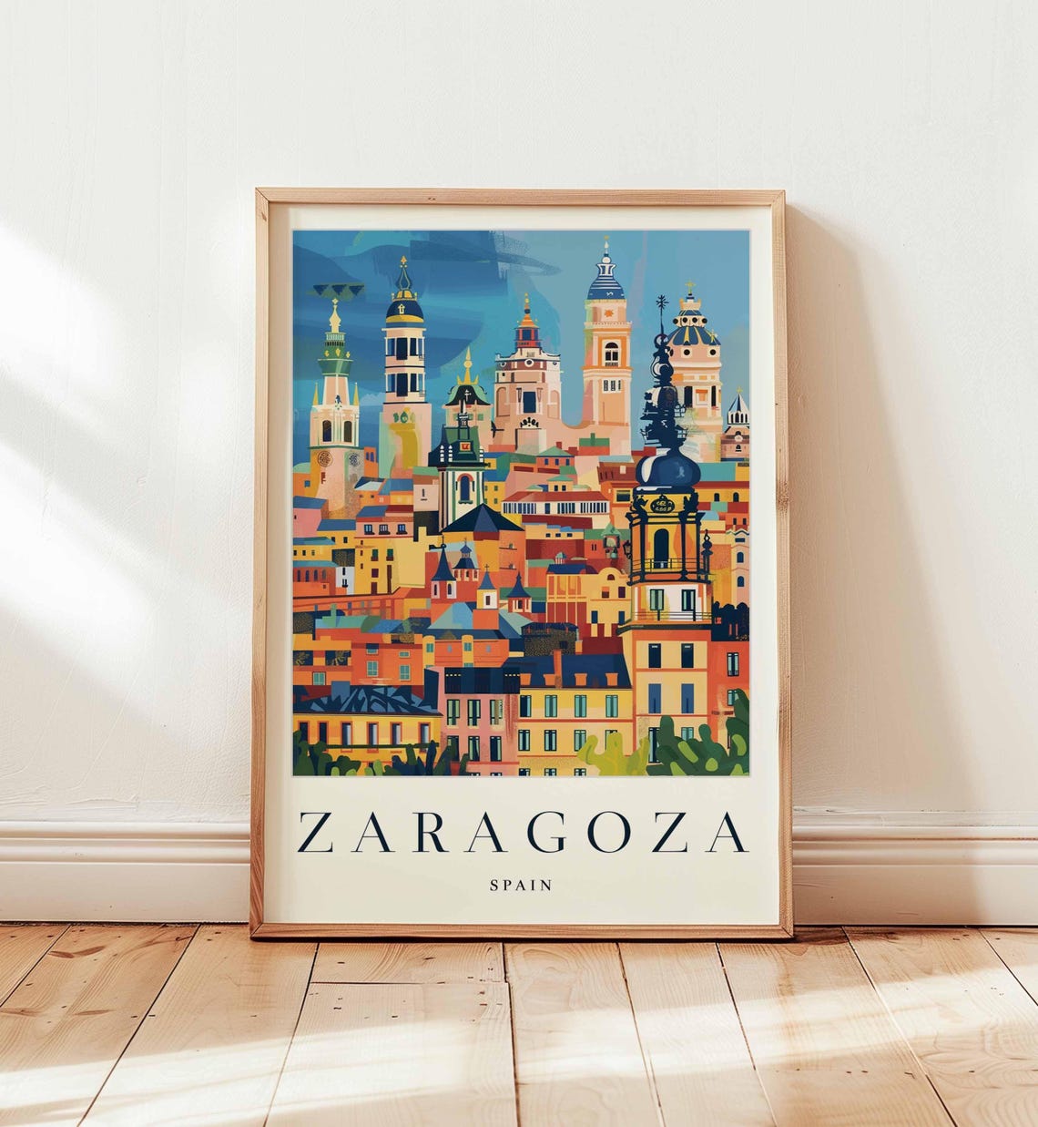 Zaragoza Spain Basilica Towers Colorful Cityscape Travel Poster