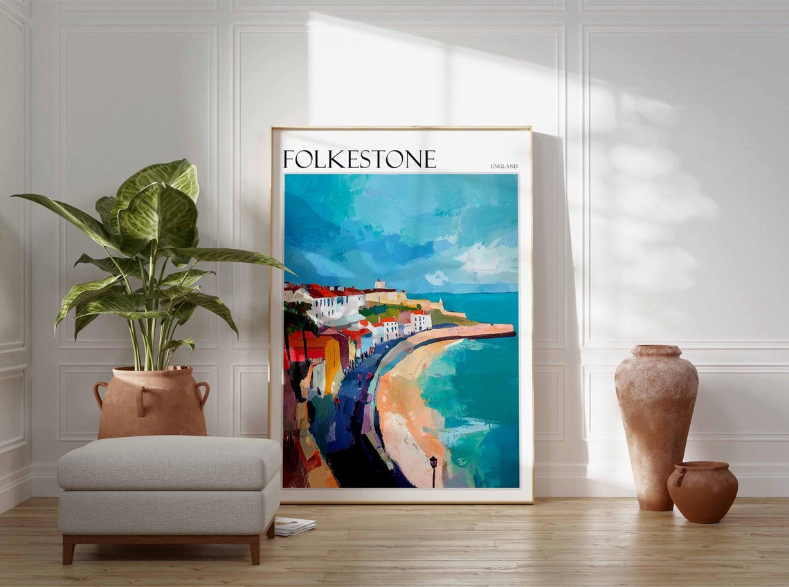 Folkestone England Curving Beach Seafront Painted Coast Poster - Image 3