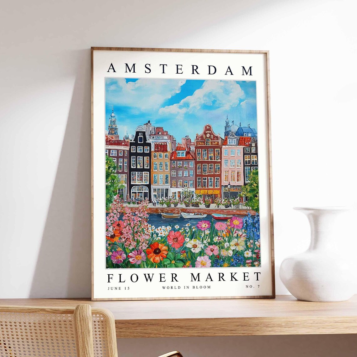 Amsterdam Flower Market Boats Canal Houses Lush Floral Border Poster