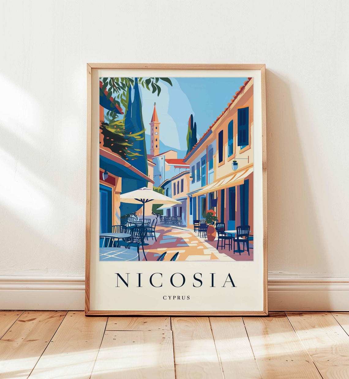 Nicosia Cyprus Cafe Terrace Poster Bell Tower and Alley Illustration