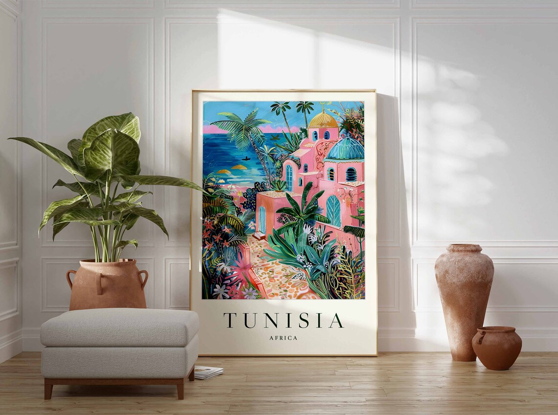 Tunisia Africa Pink Villa Palms Tropical Garden Art Travel Poster - Image 2