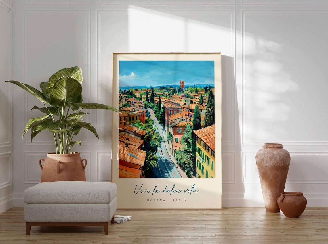 Modena Italy Old Town Rooftops Street Tower Vista Watercolor Poster - Image 3