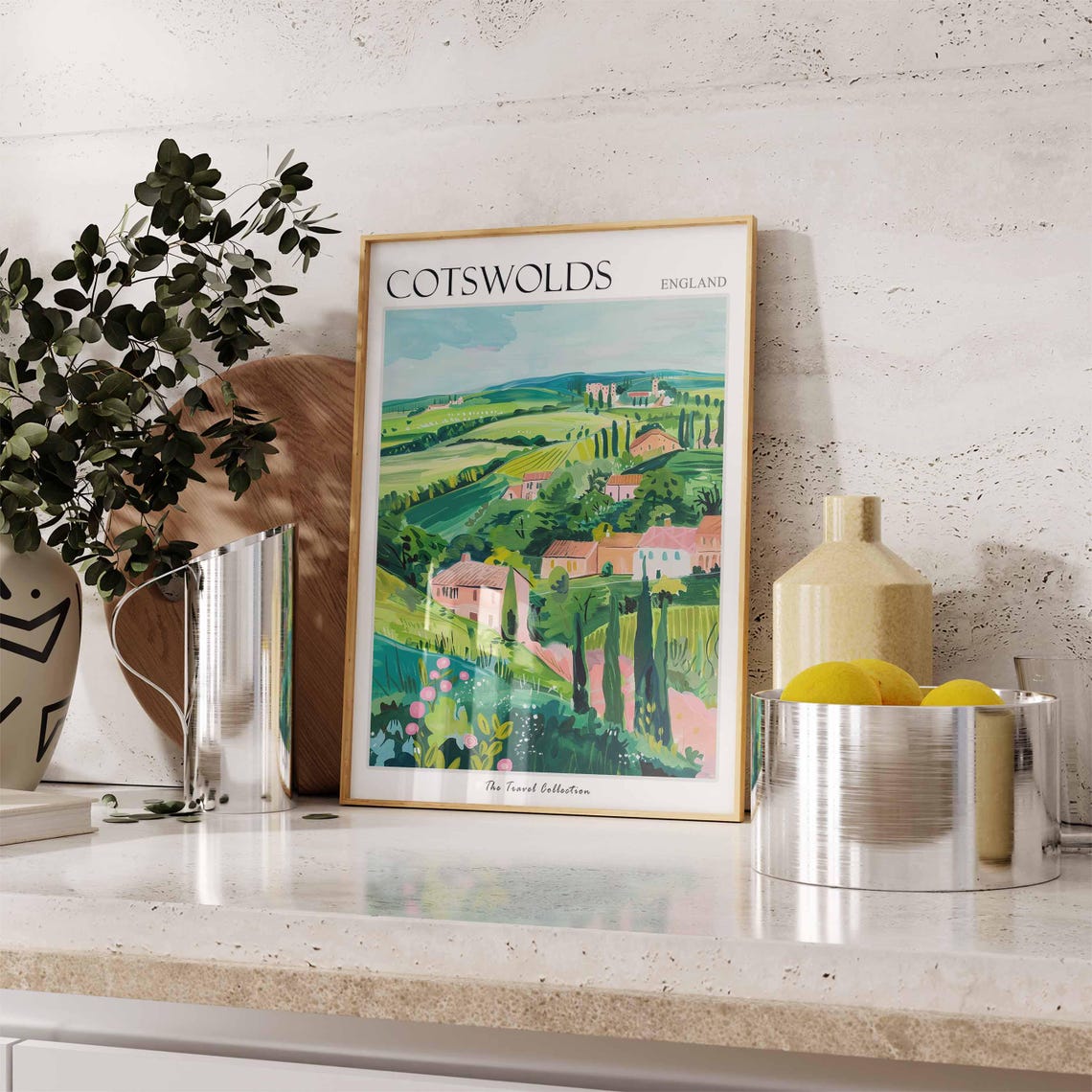 Cotswolds England Pink Cottages Cypress Green Hills Scenic Poster - Image 3