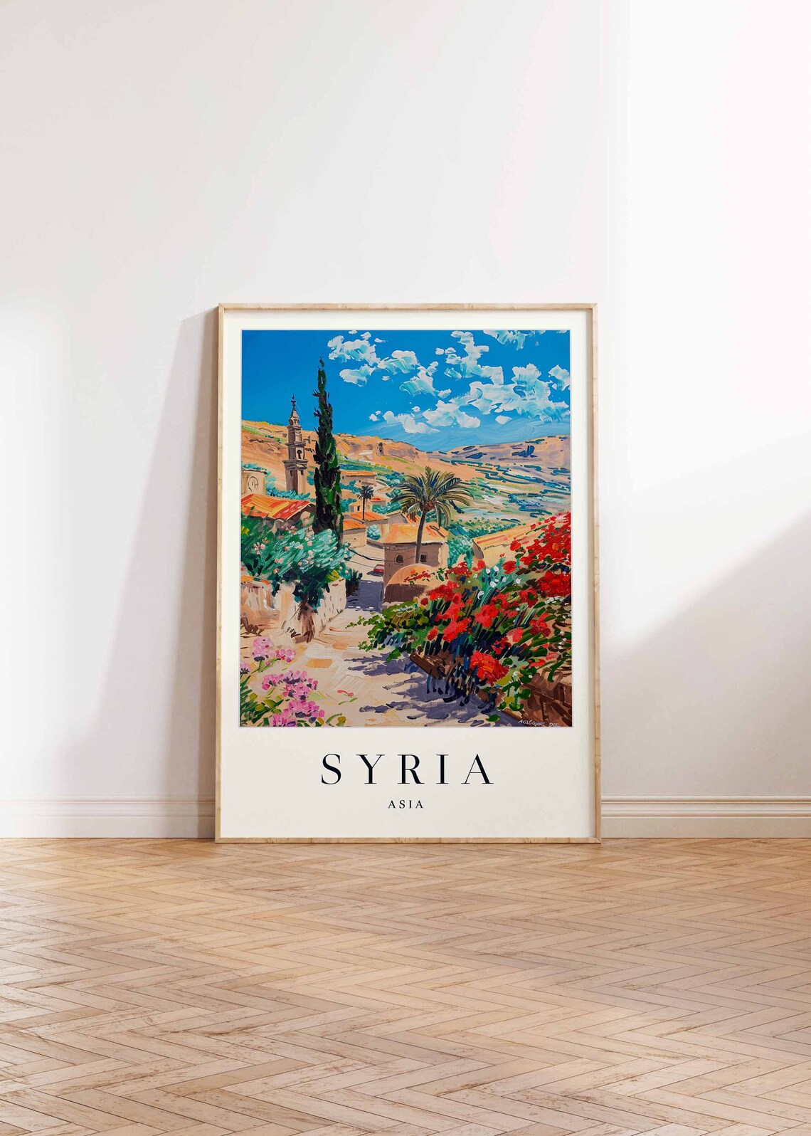 Syria Village Street Minaret Palm Trees Red Flowers Asia Poster - Image 2