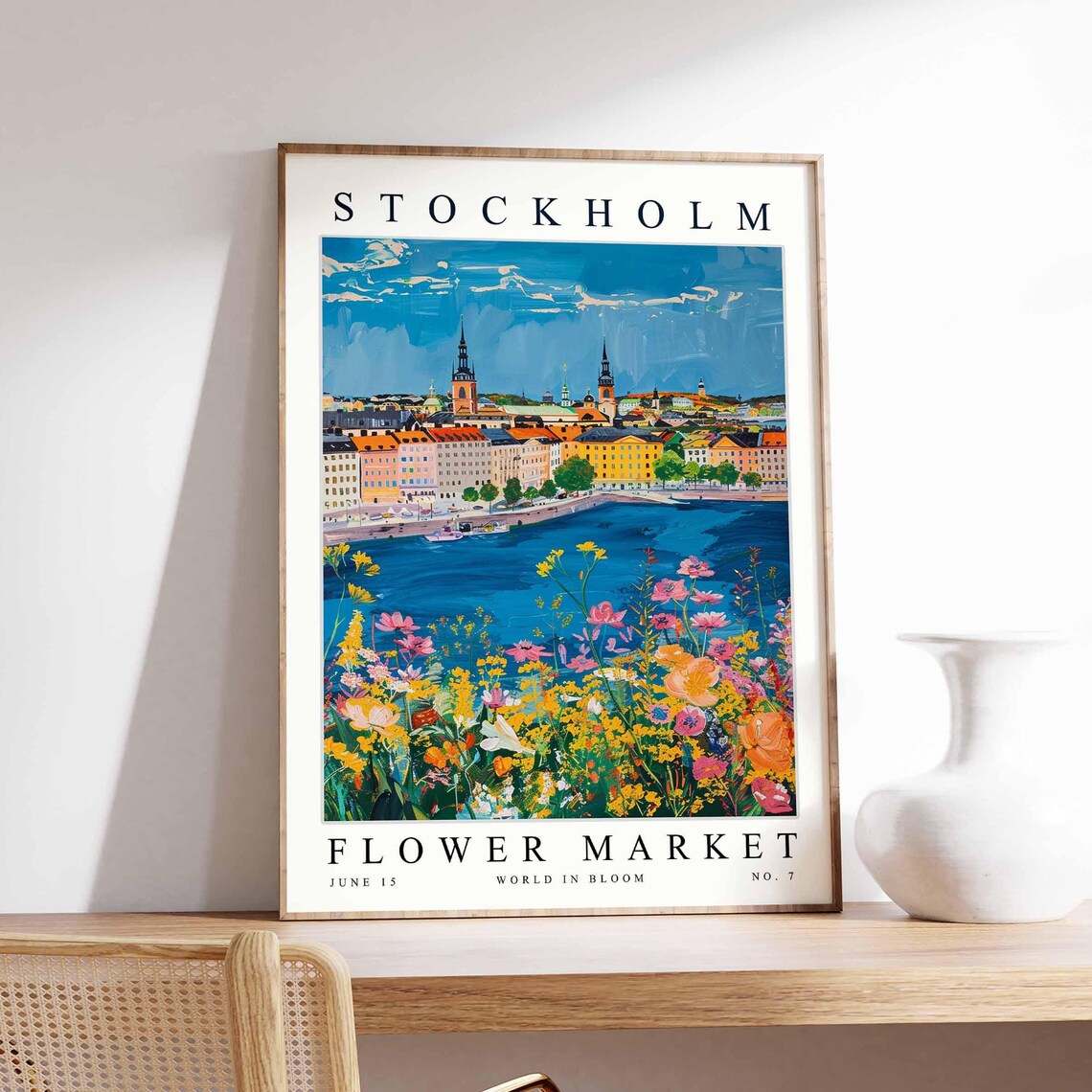 Stockholm Flower Market Sunny Harbor City Cosmos Bloom Poster