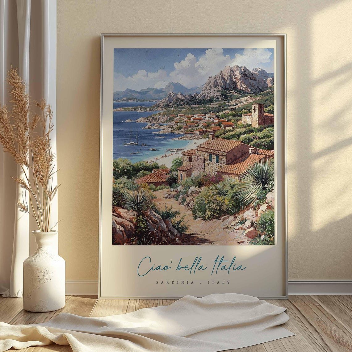 Sardinia Italy Beach Stone Houses Mountain Watercolor Poster - Image 2