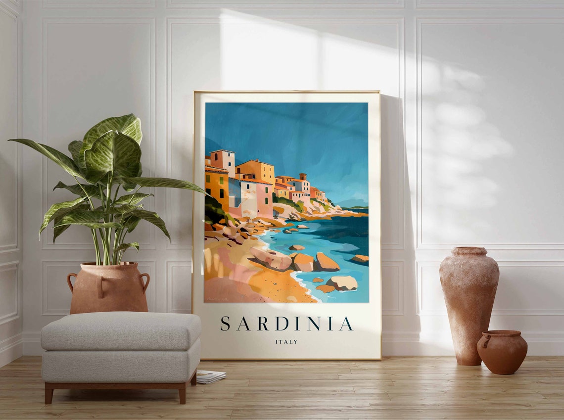 Sardinia Italy Cliffside Village Retro Seaside Travel Poster - Image 3